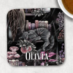 cottagecore bookshelves mushrooms and sleepy cat square glossy coaster with option to personalise