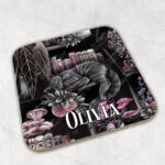 cottagecore bookshelves mushrooms and sleepy cat square glossy coaster with option to personalise