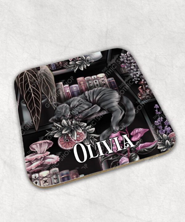 cottagecore bookshelves mushrooms and sleepy cat square glossy coaster with option to personalise