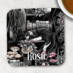 cottagecore bookshelves mushrooms and sleepy cat square glossy coaster with option to personalise