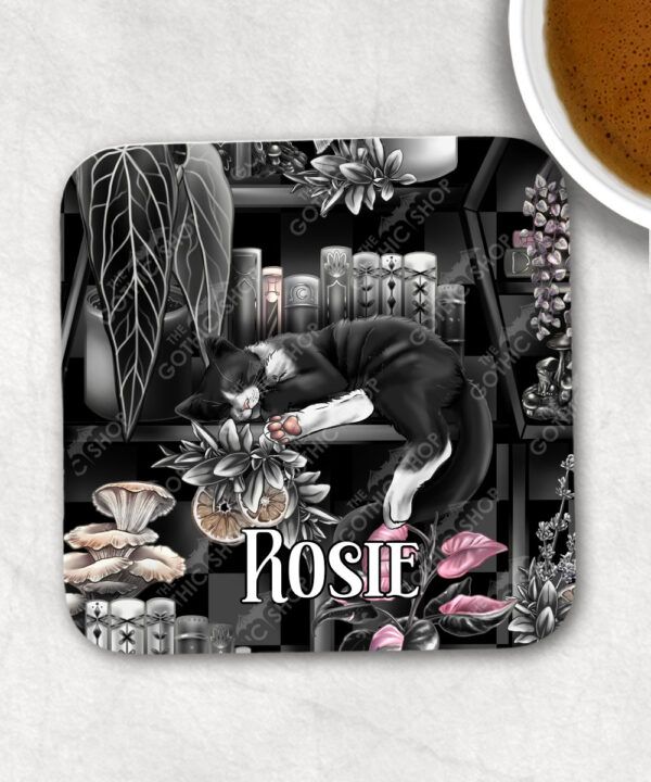 cottagecore bookshelves mushrooms and sleepy cat square glossy coaster with option to personalise