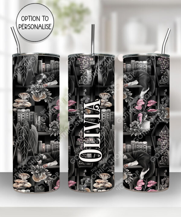 cottagecore bookshelves mushrooms and sleepy cat 20oz straight tumbler with option to personalise