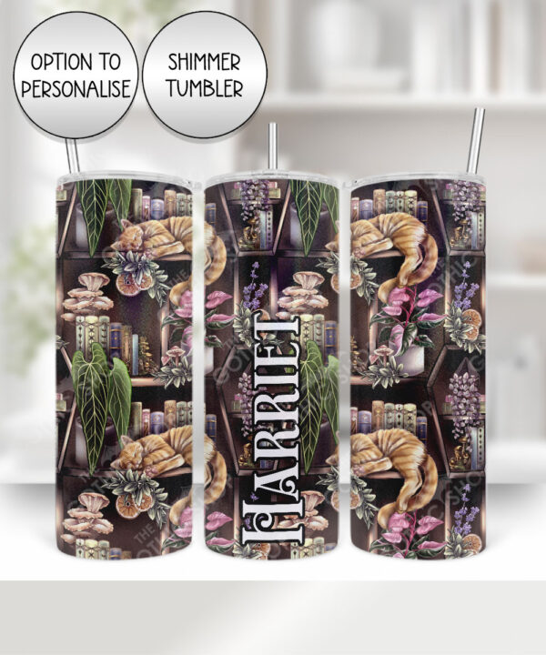 cottagecore bookshelves mushrooms and sleepy cat 20oz straight tumbler with option to personalise