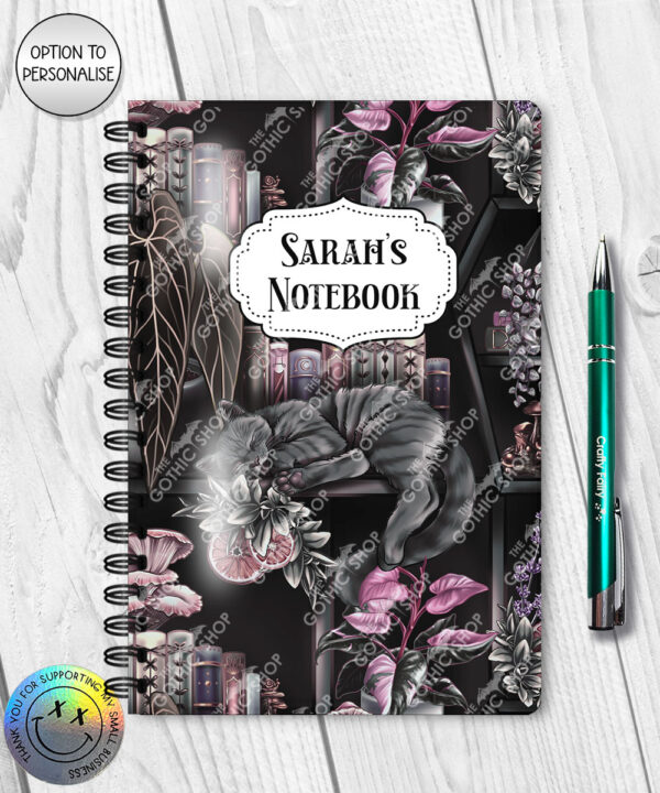 cottagecore bookshelves mushrooms and sleepy cat a5 notebook journal with option to personalise