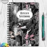 cottagecore bookshelves mushrooms and sleepy cat a5 notebook journal with option to personalise