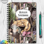 cottagecore bookshelves mushrooms and sleepy cat a5 notebook journal with option to personalise