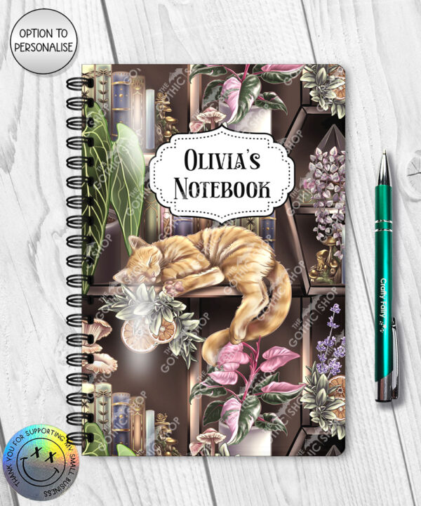 cottagecore bookshelves mushrooms and sleepy cat a5 notebook journal with option to personalise