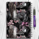 cottagecore bookshelves mushrooms and sleepy cat a5 notebook journal with option to personalise