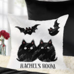 black cats & bats purple gothic velvet cushion with option to personalise