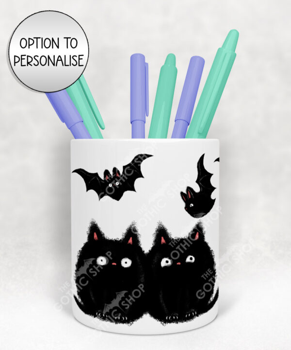 19027 fluffy black cats bats gothic pen pots 1