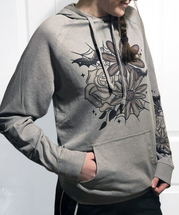 bats & moons unisex lightweight silver grey gothic hoodie with kangaroo pocket