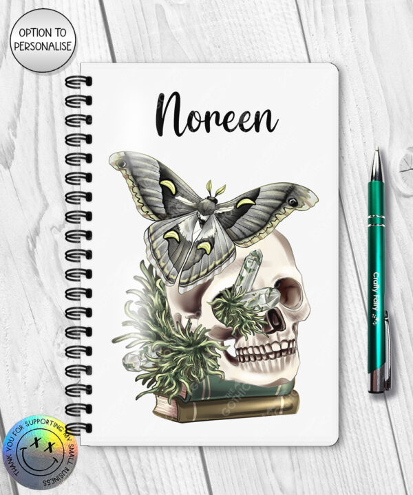 goblincore bookish skull & moth notebook journal with option to personalise