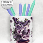 goblincore bookish skull & moth pen or makeup brush pot with option to personalise