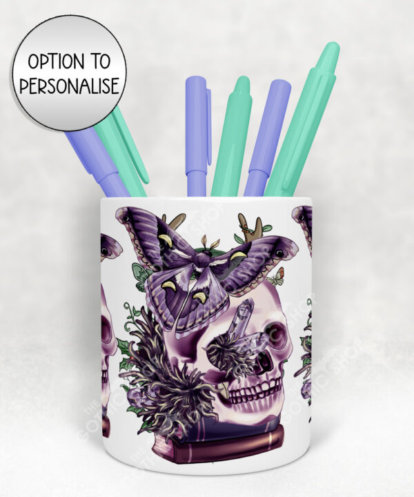 goblincore bookish skull & moth pen or makeup brush pot with option to personalise