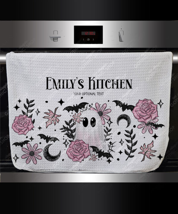 19115 pink floral ghost personalised kitchen towel 1