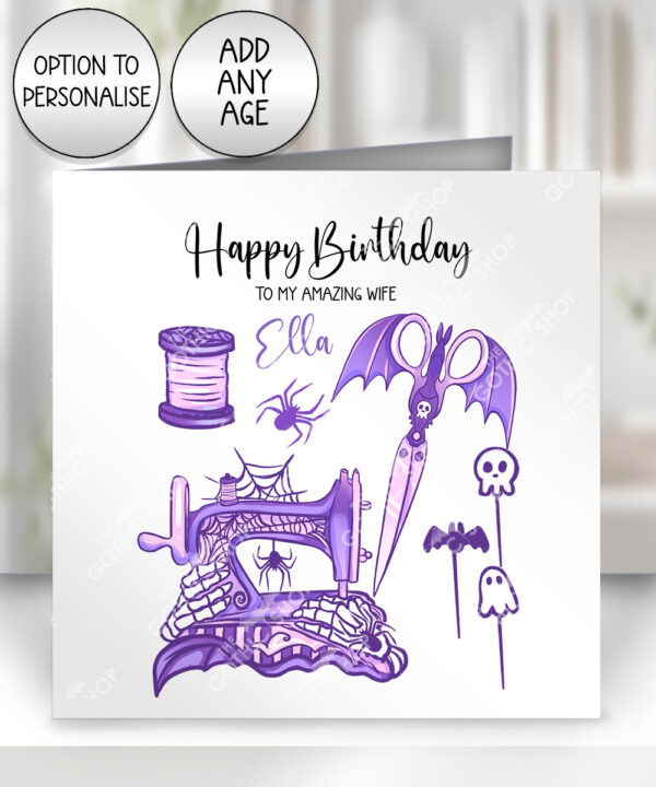 sew magical purple or pink stripe gothic birthday or halloween card with option to personalise