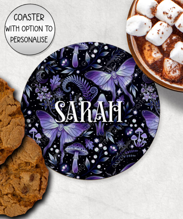 19209 personalised purple moth mushroom gothic witchy coaster 1