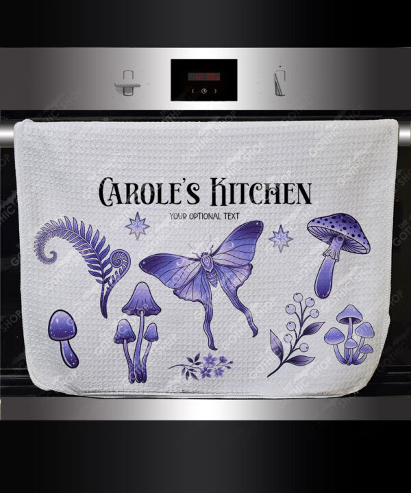 19214 personalised purple moth mushroom gothic witchy tea towel 1