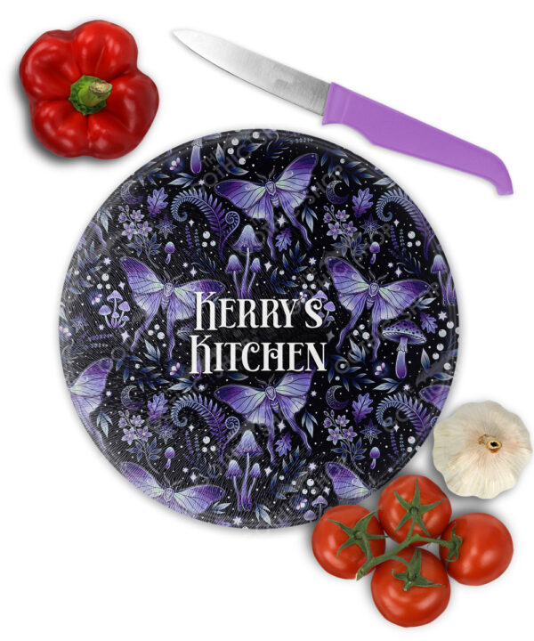 19216 personalised purple moth mushroom gothic witchy chopping board 1