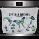 19241 personalised green moth mushroom gothic witchy kitchen towel