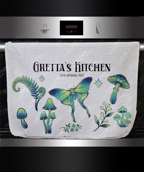 19241 personalised green moth mushroom gothic witchy kitchen towel