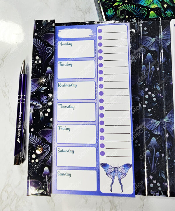 mystic forest purple moths & mushrooms witchy weekly planner & notepad gothic book