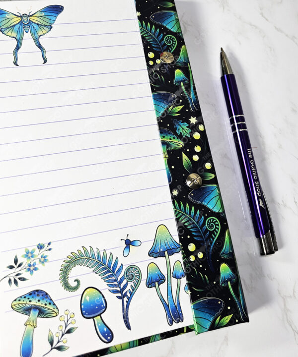 mystic forest green moths & mushrooms witchy weekly planner & notepad gothic book