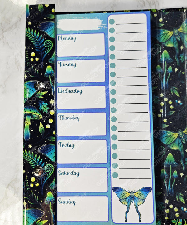 mystic forest green moths & mushrooms witchy weekly planner & notepad gothic book