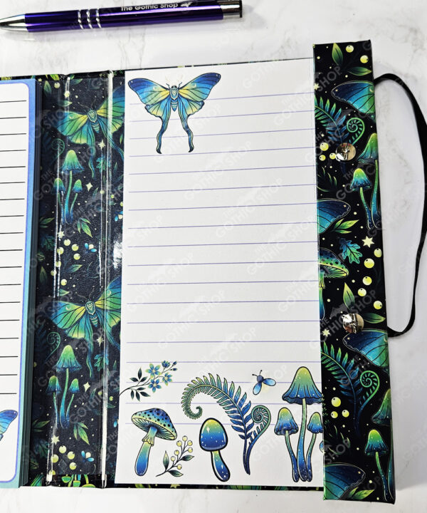 mystic forest green moths & mushrooms witchy weekly planner & notepad gothic book