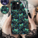 mystic forest green moths & mushrooms witchy gothic gothic phone case for iphone 17, iphone 16, 15, 14, magsafe, samsung galaxy s24, s25
