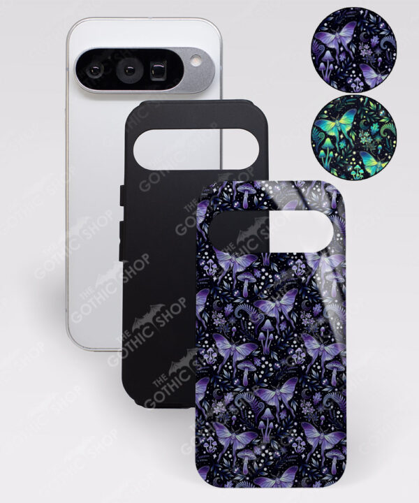 mystic forest green moths & mushrooms witchy gothic gothic phone case for iphone 17, iphone 16, 15, 14, magsafe, samsung galaxy s24, s25