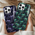 mystic forest green moths & mushrooms witchy gothic gothic phone case for iphone 17, iphone 16, 15, 14, magsafe, samsung galaxy s24, s25