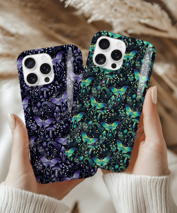 mystic forest green moths & mushrooms witchy gothic gothic phone case for iphone 17, iphone 16, 15, 14, magsafe, samsung galaxy s24, s25