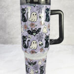 cute ghosts, bats & black cats gothic print purple large 40oz stanley style cup