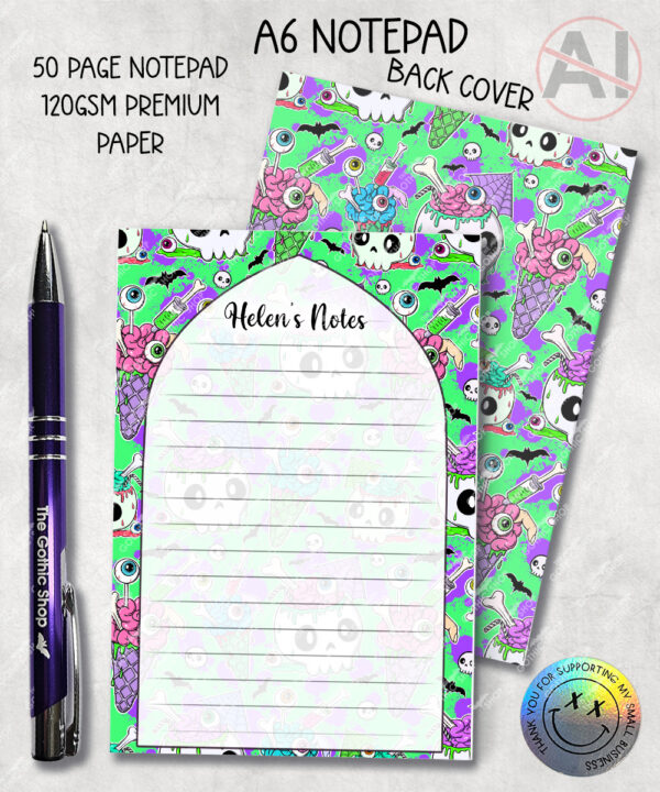 personalised witchy reader skull & books gothic a6 notepad stationery (copy)