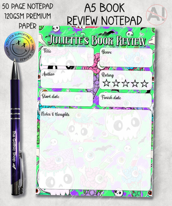 personalised witchy reader skull & books gothic a6 notepad stationery (copy)