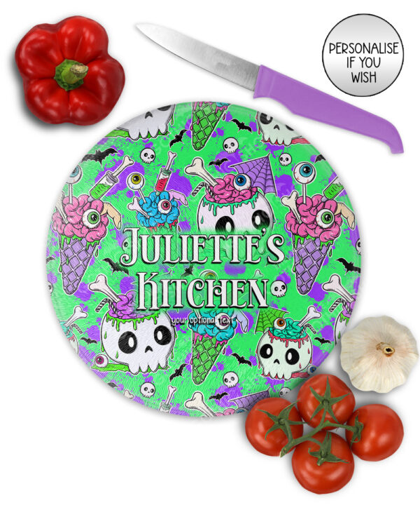 zombie sweet treats glass chopping board option to personalise