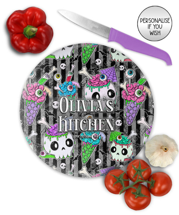 zombie sweet treats glass chopping board option to personalise