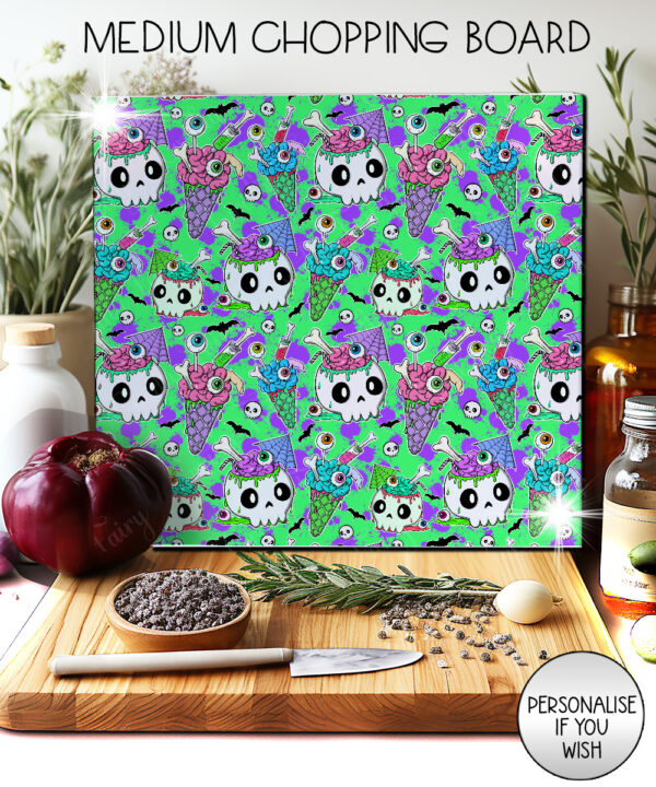 zombie sweet treats glass chopping board option to personalise