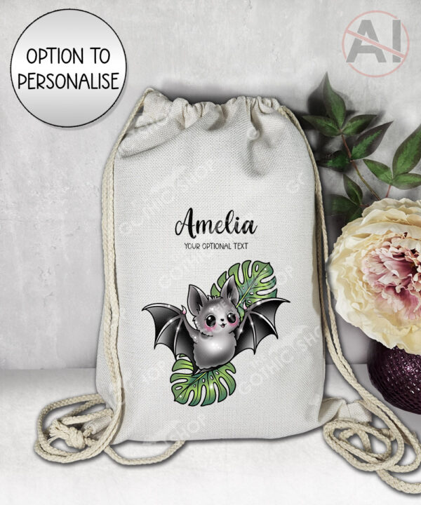 19745 bat monstera gothic drawstring bag 1