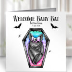 cosybat welcome new baby bat sleeping in coffin gothic card option to personalise