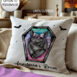 cosybat baby bat sleeping in coffin velvet cushion option to personalise