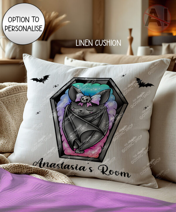 cosybat baby bat sleeping in coffin velvet cushion option to personalise