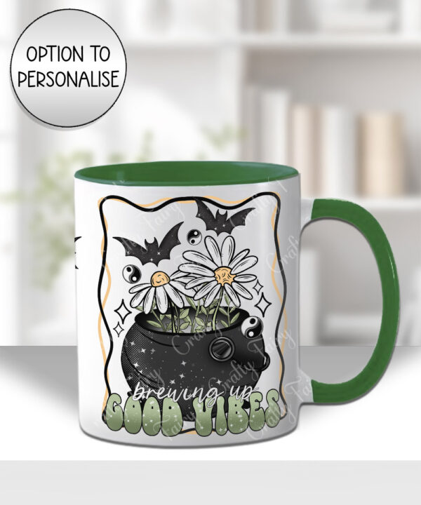 brewing up good vibes cauldron witchy halloween mug and/or coaster optional to personalise