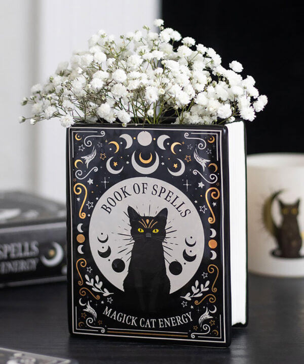 black cat magick book shaped flower vase
