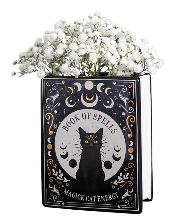 black cat magick book shaped flower vase