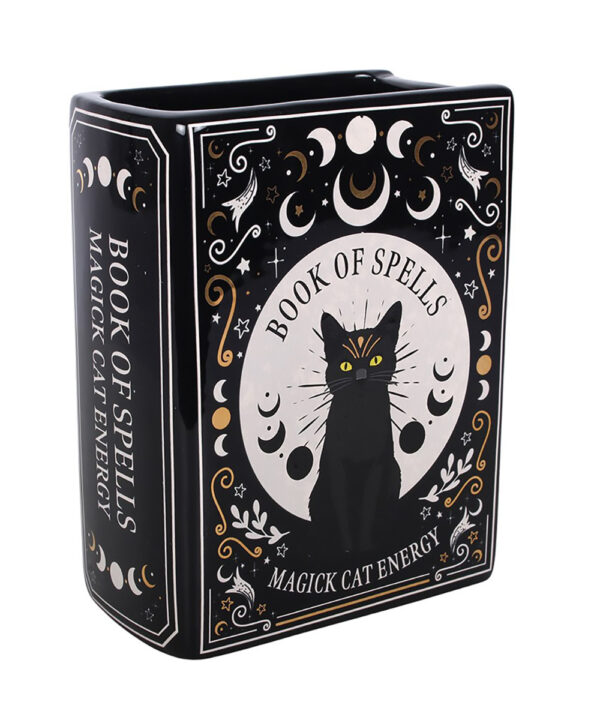 black cat magick book shaped flower vase