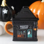 haunted library black gothic halloween lidded mug