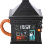 haunted library black gothic halloween lidded mug