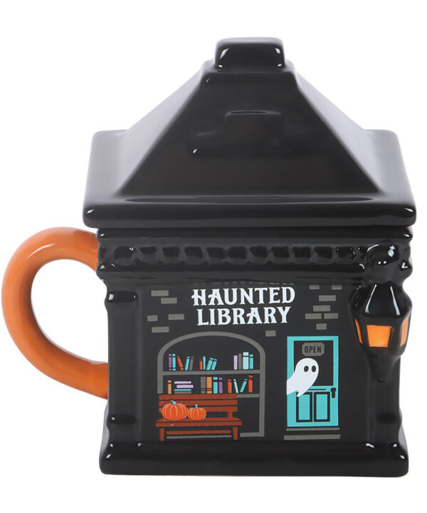 haunted library black gothic halloween lidded mug